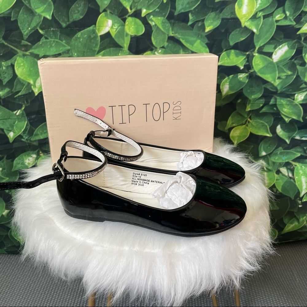 Black Patent Flats with Rhinestone Ankle Strap (NEW)